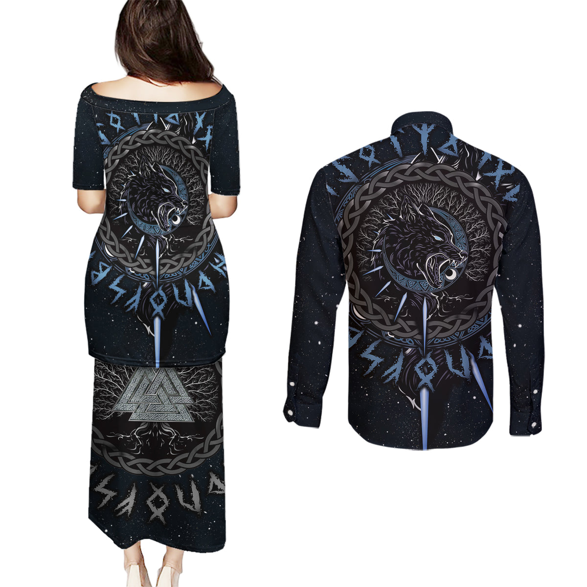 Skoll and Hati Viking Wolfs Couples Matching Puletasi Dress and Long Sleeve Button Shirts - Wonder Print Shop