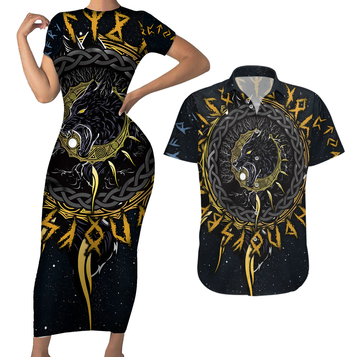 Skoll and Hati Viking Wolfs Couples Matching Short Sleeve Bodycon Dress and Hawaiian Shirt - Wonder Print Shop