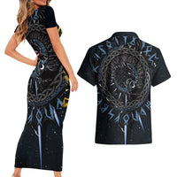 Skoll and Hati Viking Wolfs Couples Matching Short Sleeve Bodycon Dress and Hawaiian Shirt - Wonder Print Shop