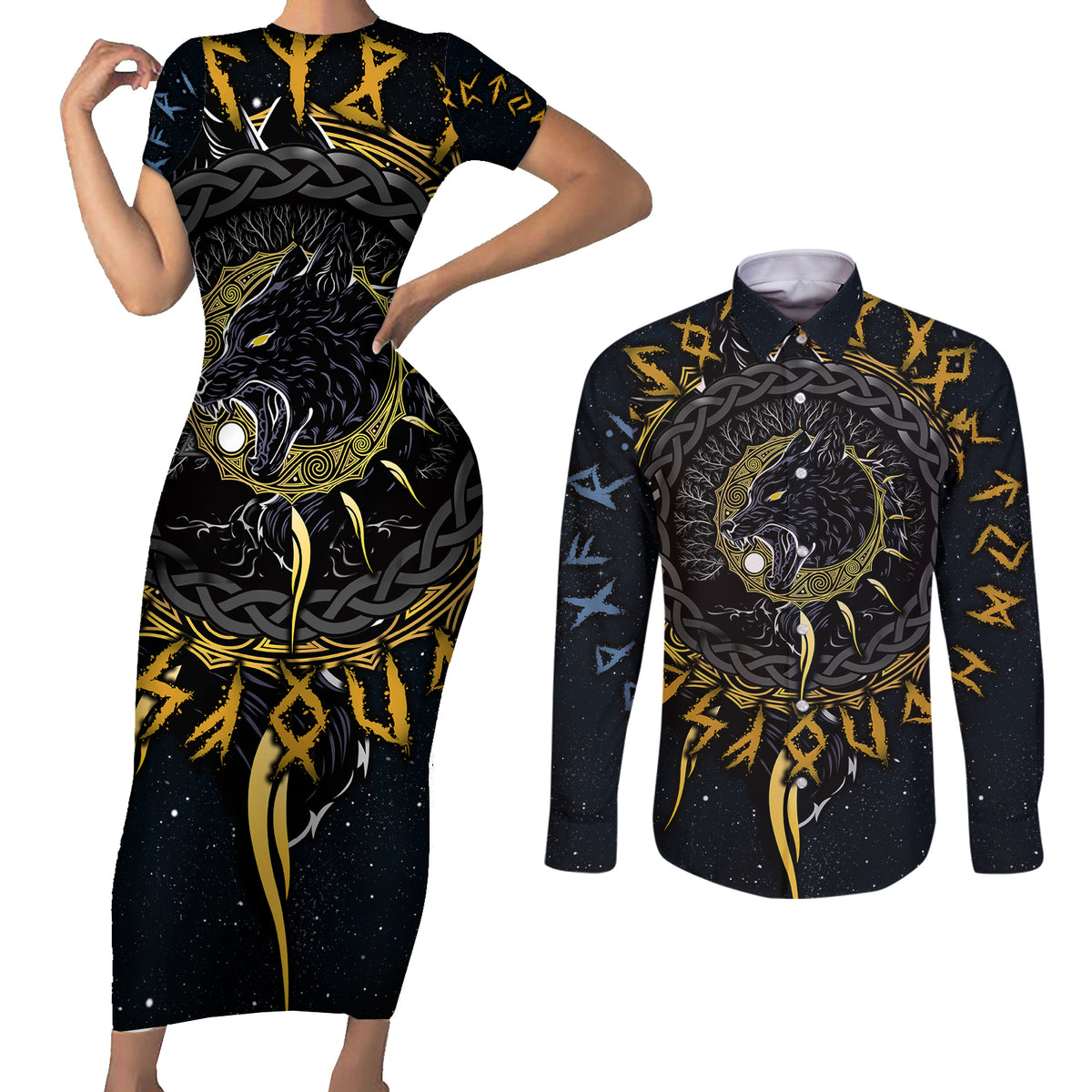 Skoll and Hati Viking Wolfs Couples Matching Short Sleeve Bodycon Dress and Long Sleeve Button Shirts - Wonder Print Shop
