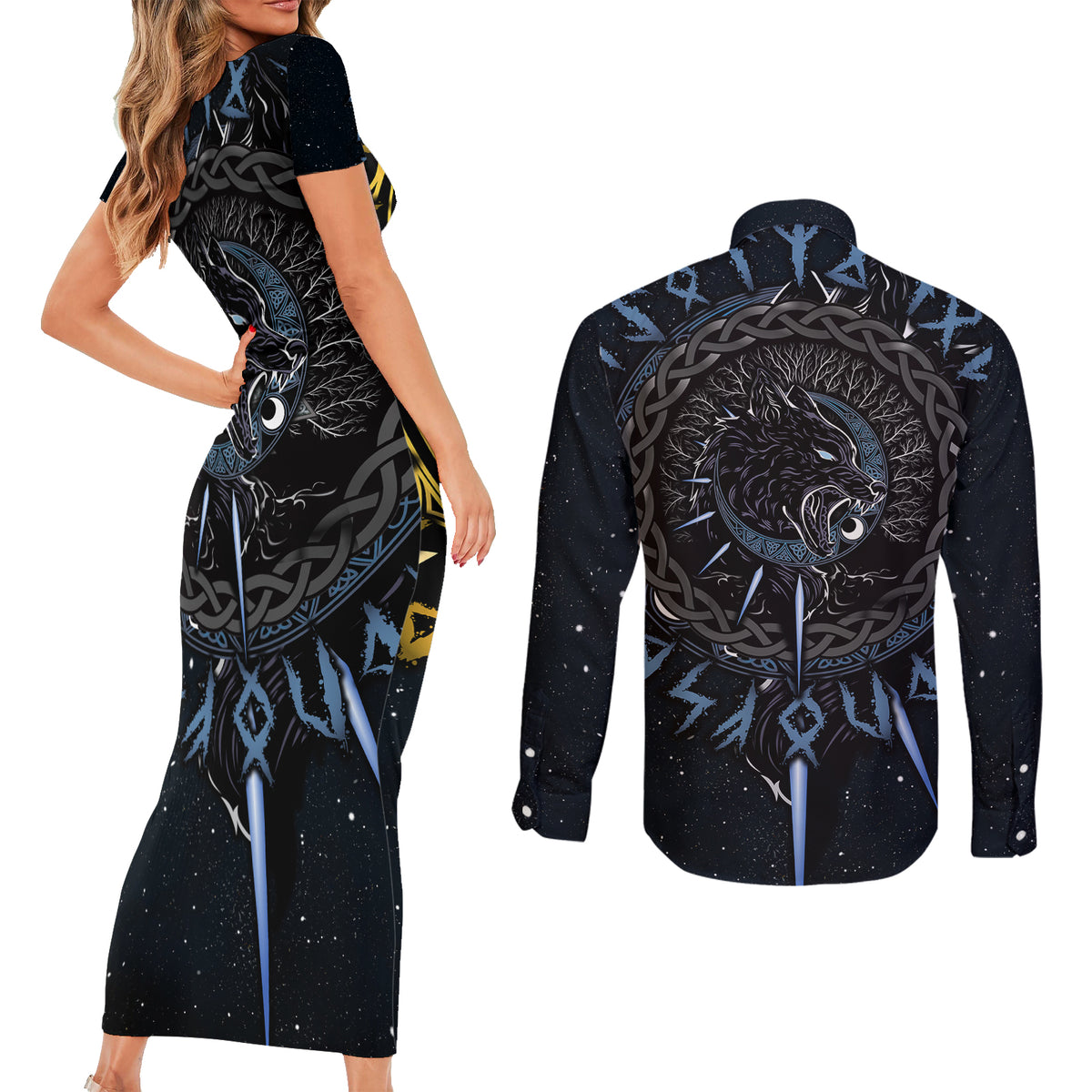 Skoll and Hati Viking Wolfs Couples Matching Short Sleeve Bodycon Dress and Long Sleeve Button Shirts - Wonder Print Shop