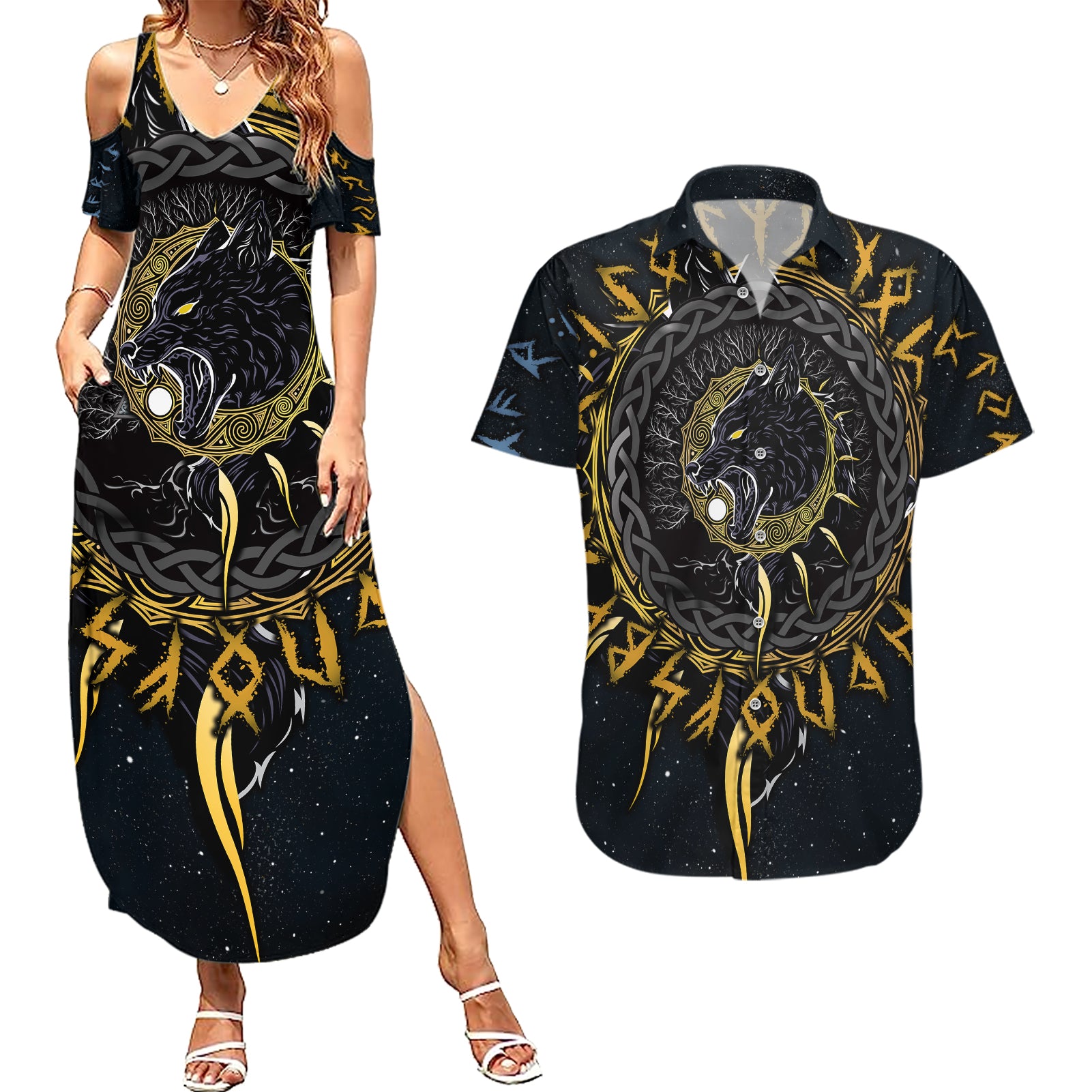 Skoll and Hati Viking Wolfs Couples Matching Summer Maxi Dress and Hawaiian Shirt - Wonder Print Shop