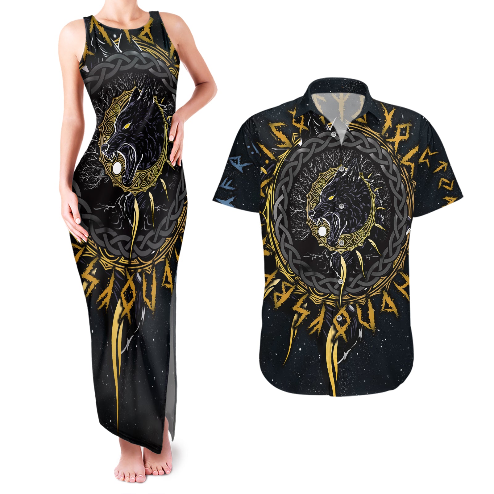 Skoll and Hati Viking Wolfs Couples Matching Tank Maxi Dress and Hawaiian Shirt - Wonder Print Shop
