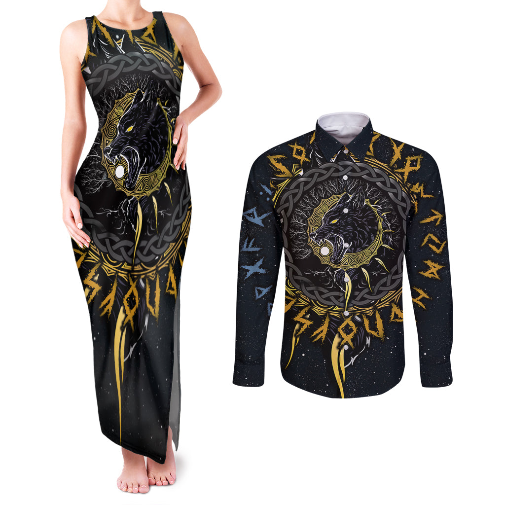 Skoll and Hati Viking Wolfs Couples Matching Tank Maxi Dress and Long Sleeve Button Shirts - Wonder Print Shop