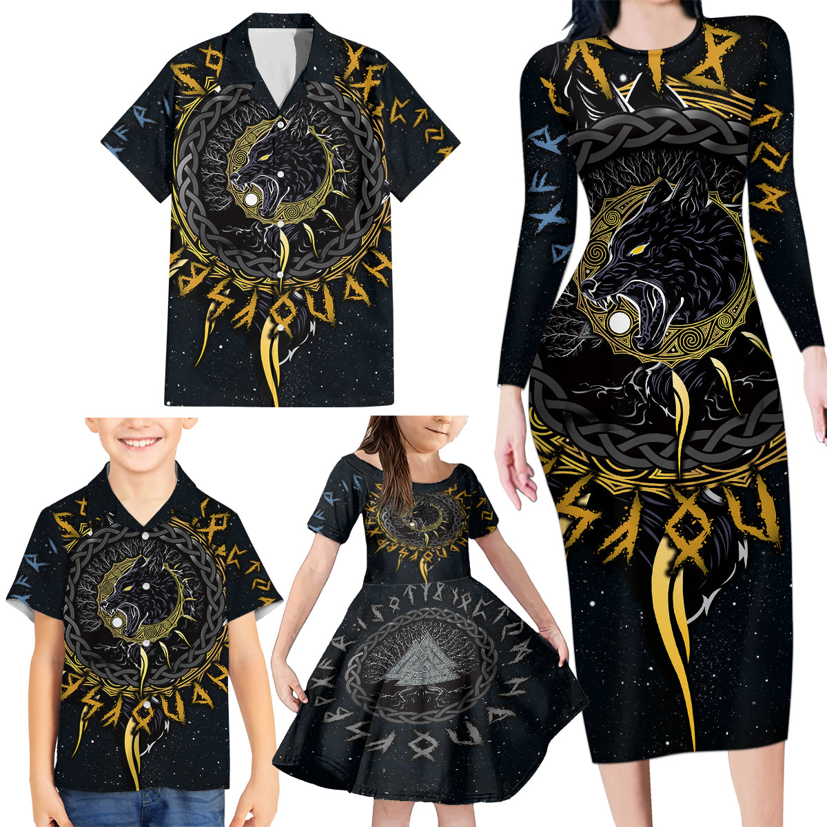 Skoll and Hati Viking Wolfs Family Matching Long Sleeve Bodycon Dress and Hawaiian Shirt - Wonder Print Shop