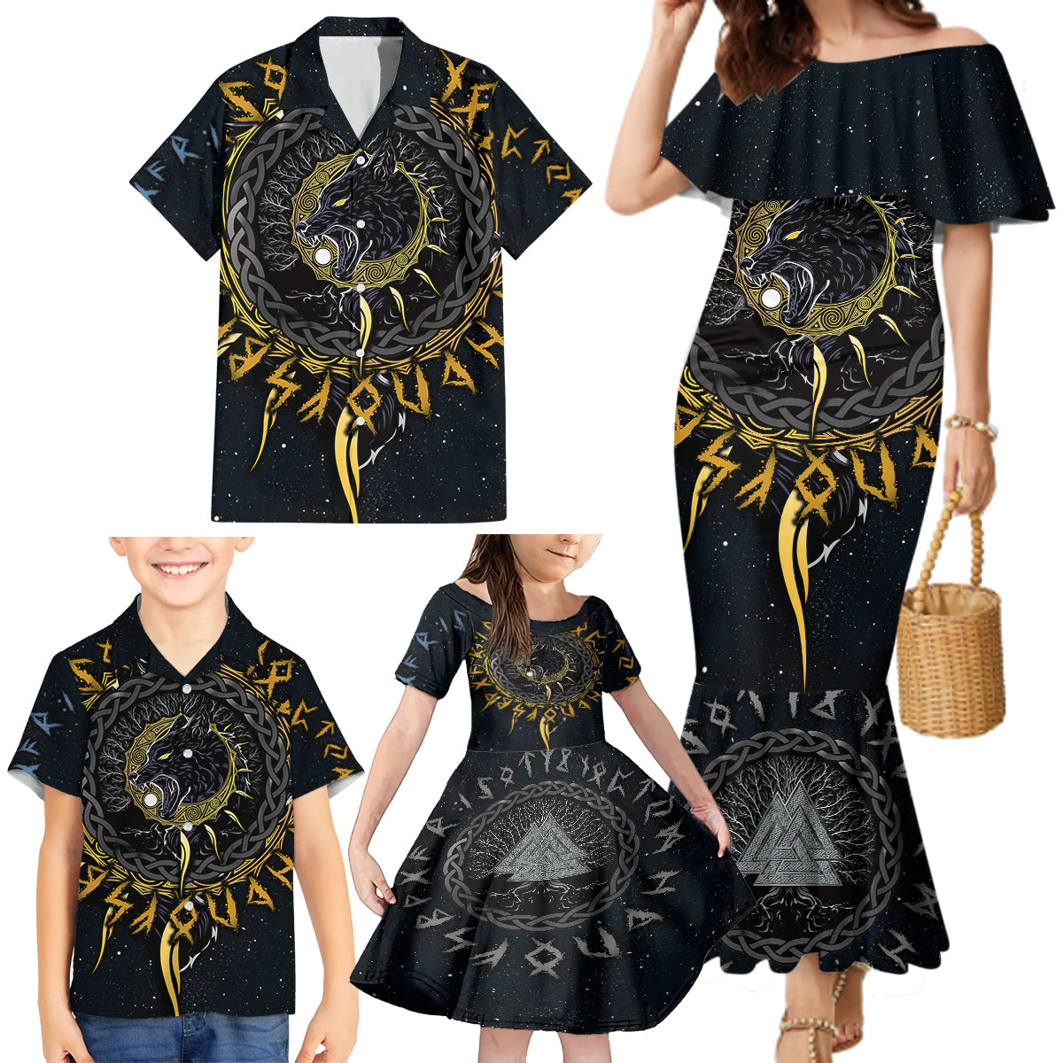Skoll and Hati Viking Wolfs Family Matching Mermaid Dress and Hawaiian Shirt - Wonder Print Shop