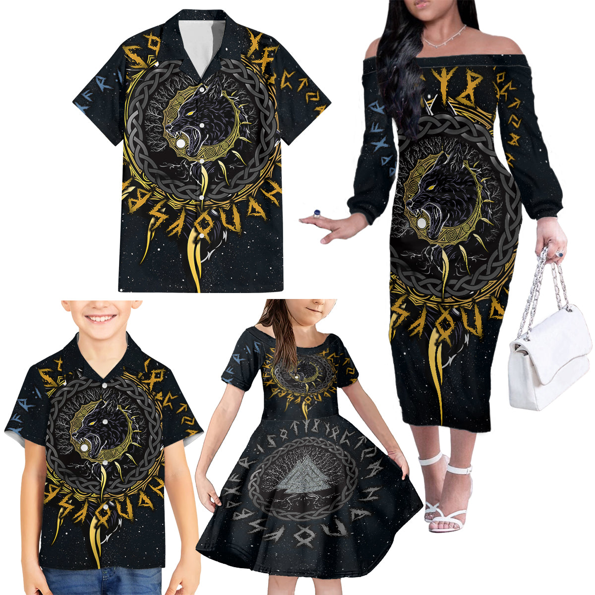 Skoll and Hati Viking Wolfs Family Matching Off Shoulder Long Sleeve Dress and Hawaiian Shirt - Wonder Print Shop