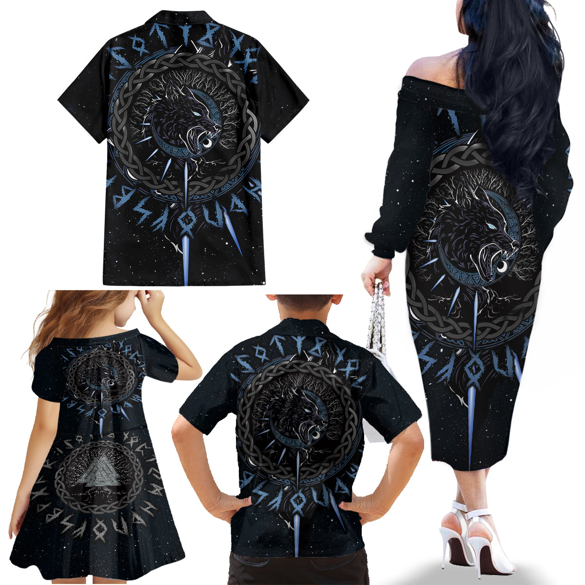 Skoll and Hati Viking Wolfs Family Matching Off Shoulder Long Sleeve Dress and Hawaiian Shirt - Wonder Print Shop