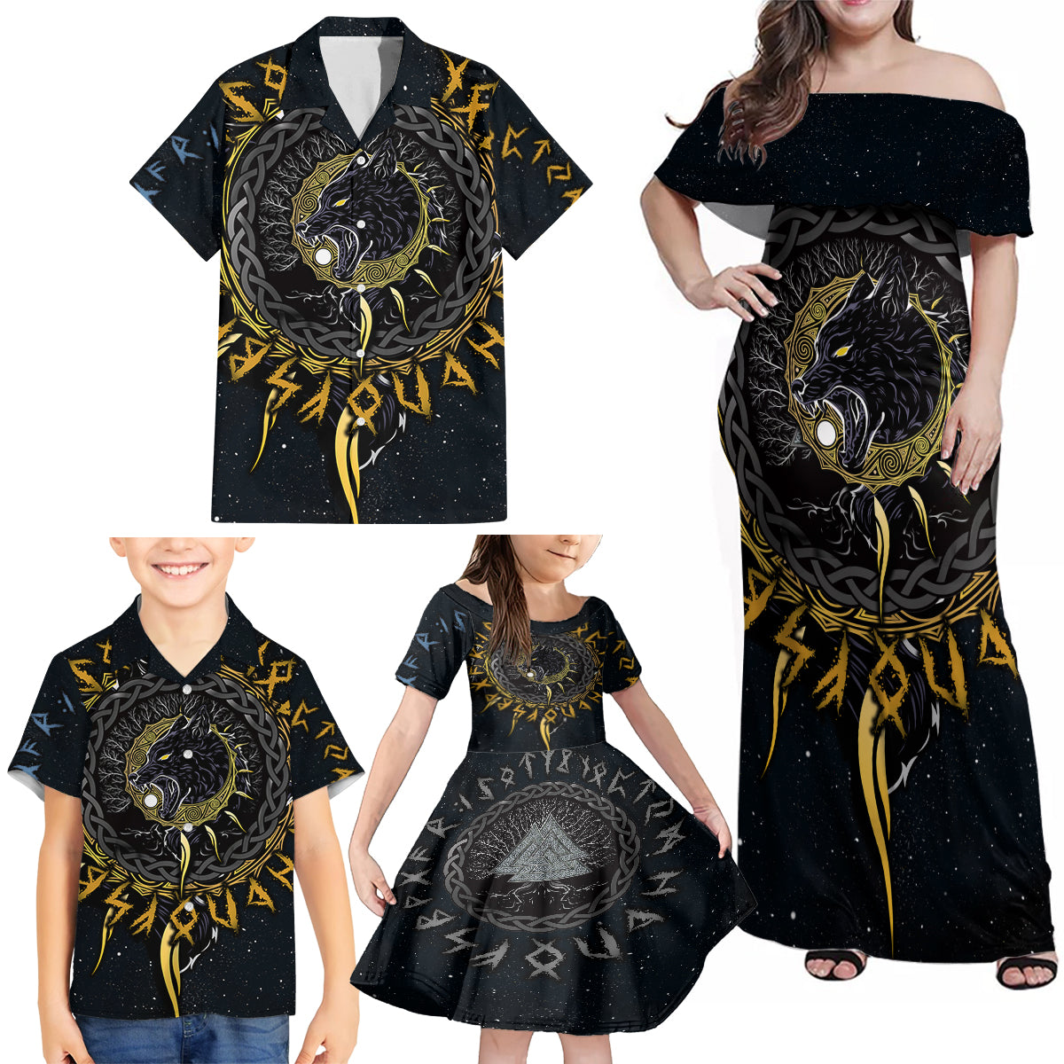 Skoll and Hati Viking Wolfs Family Matching Off Shoulder Maxi Dress and Hawaiian Shirt - Wonder Print Shop