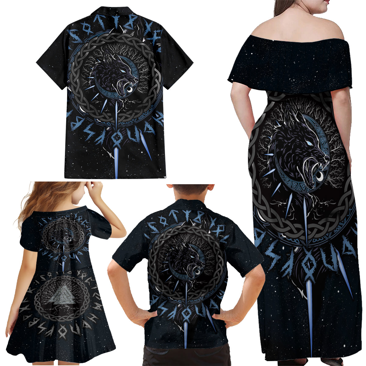 Skoll and Hati Viking Wolfs Family Matching Off Shoulder Maxi Dress and Hawaiian Shirt - Wonder Print Shop