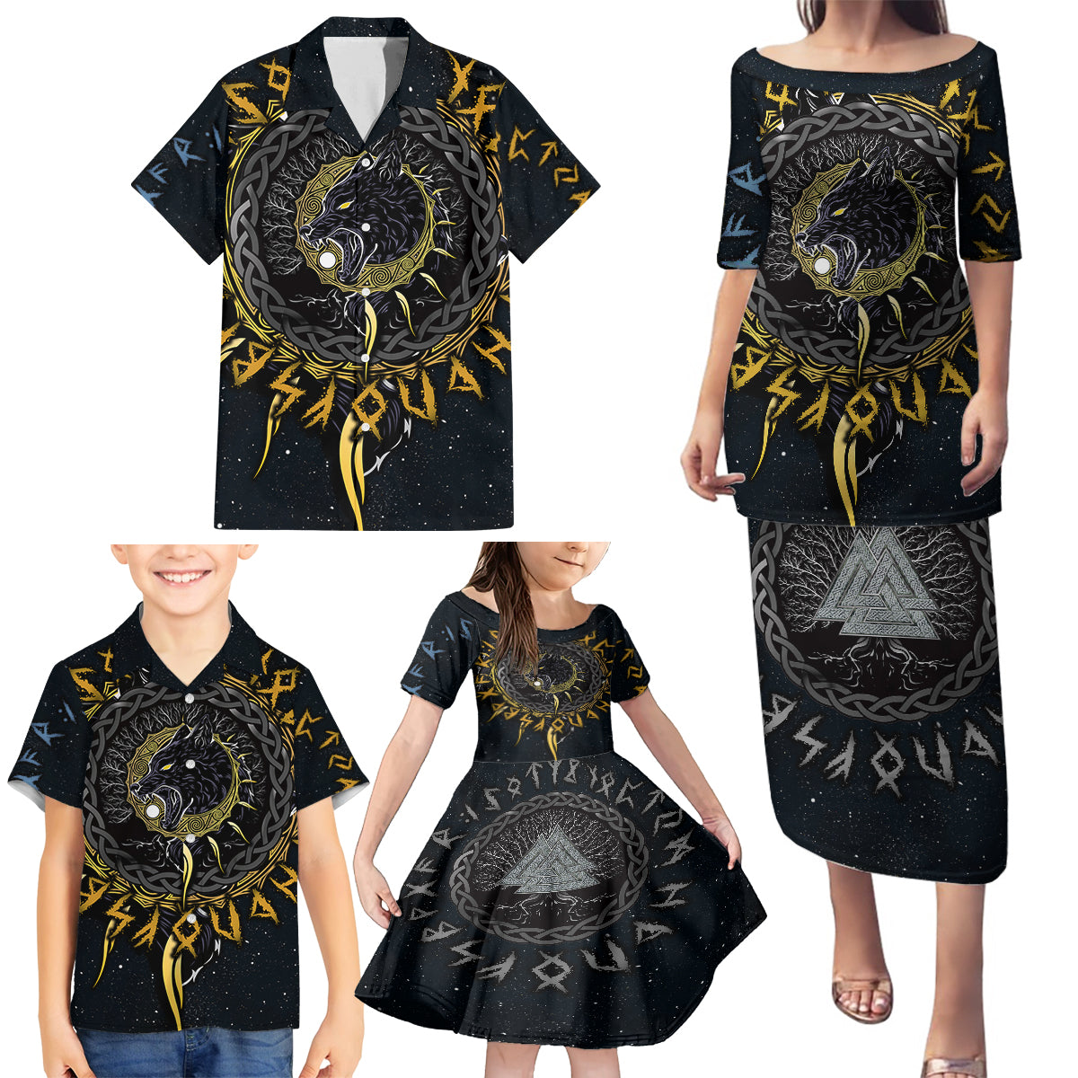 Skoll and Hati Viking Wolfs Family Matching Puletasi Dress and Hawaiian Shirt - Wonder Print Shop