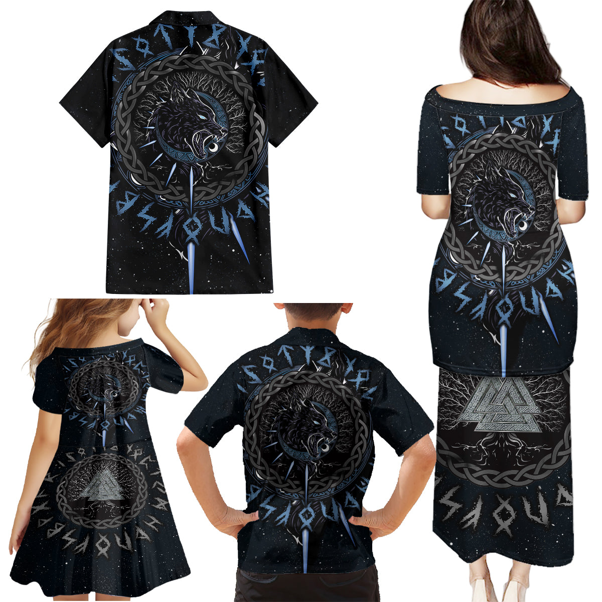 Skoll and Hati Viking Wolfs Family Matching Puletasi Dress and Hawaiian Shirt - Wonder Print Shop