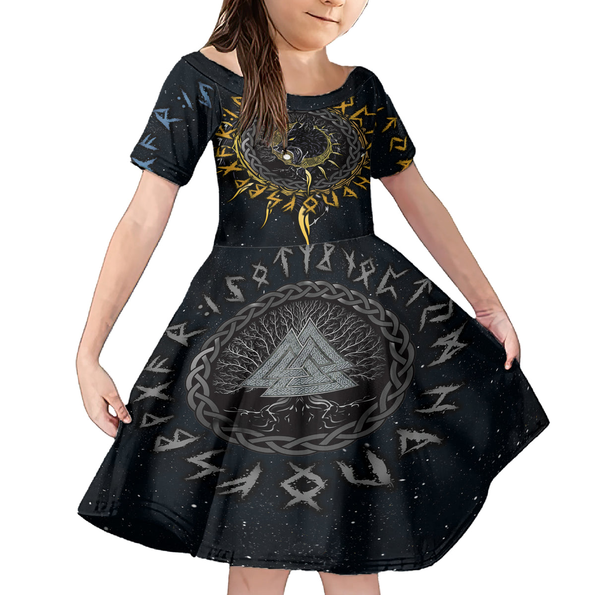 Skoll and Hati Viking Wolfs Family Matching Short Sleeve Bodycon Dress and Hawaiian Shirt - Wonder Print Shop