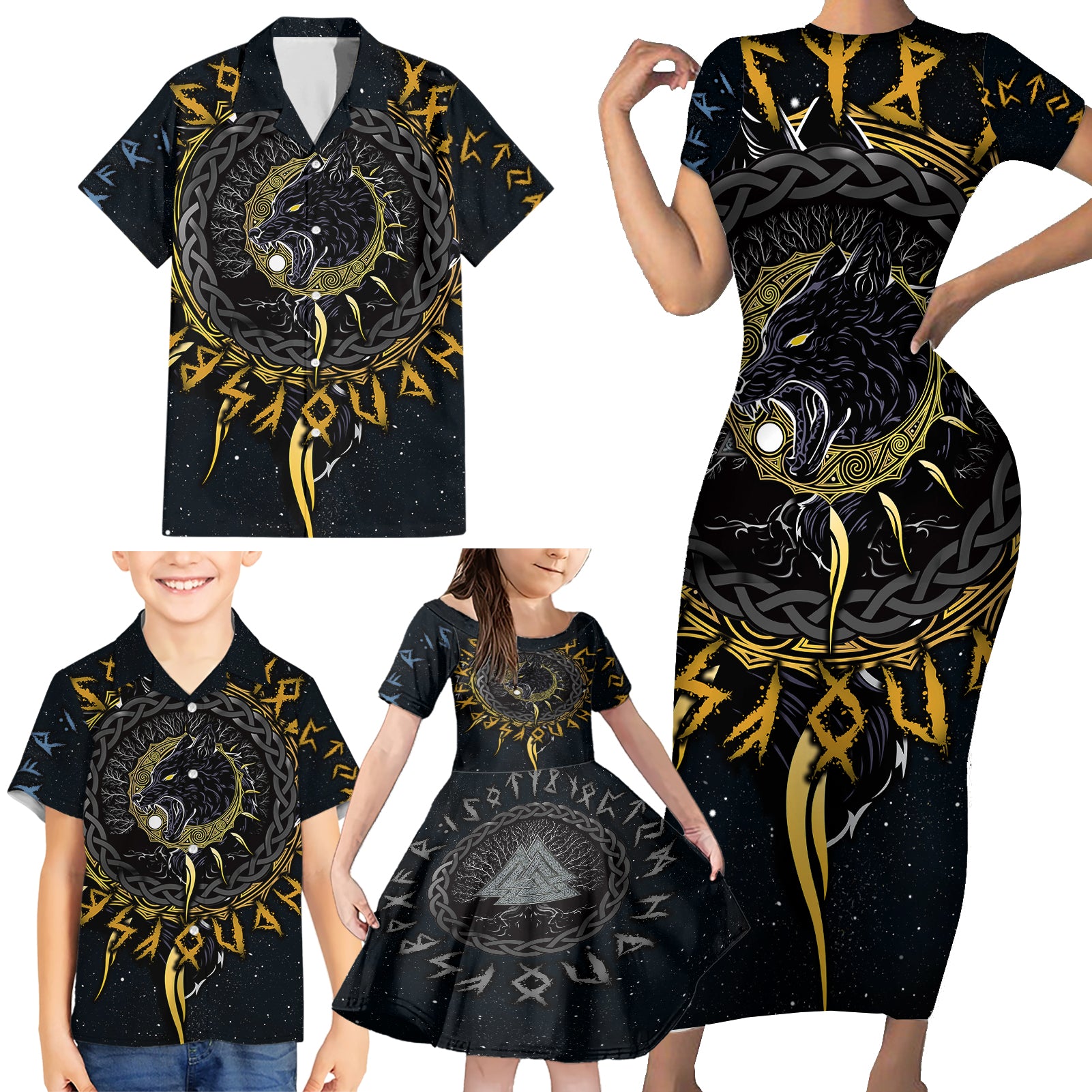Skoll and Hati Viking Wolfs Family Matching Short Sleeve Bodycon Dress and Hawaiian Shirt - Wonder Print Shop