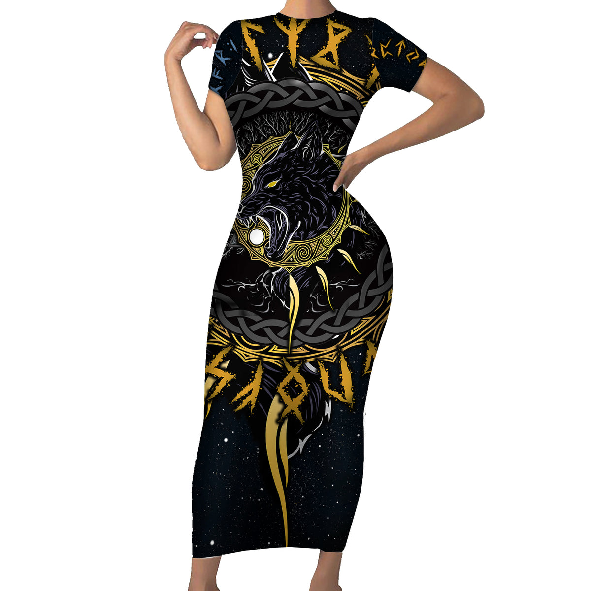 Skoll and Hati Viking Wolfs Family Matching Short Sleeve Bodycon Dress and Hawaiian Shirt - Wonder Print Shop