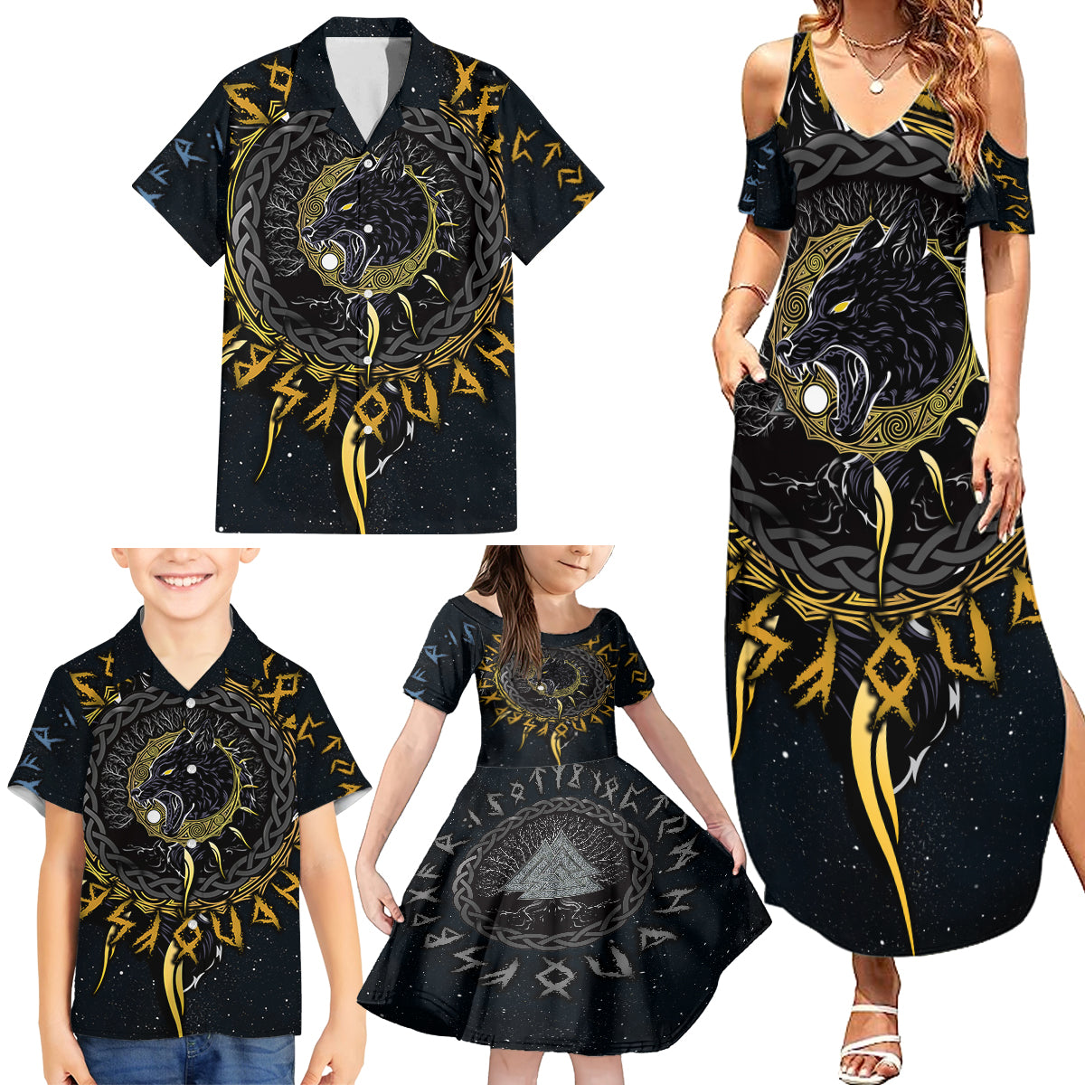 Skoll and Hati Viking Wolfs Family Matching Summer Maxi Dress and Hawaiian Shirt - Wonder Print Shop