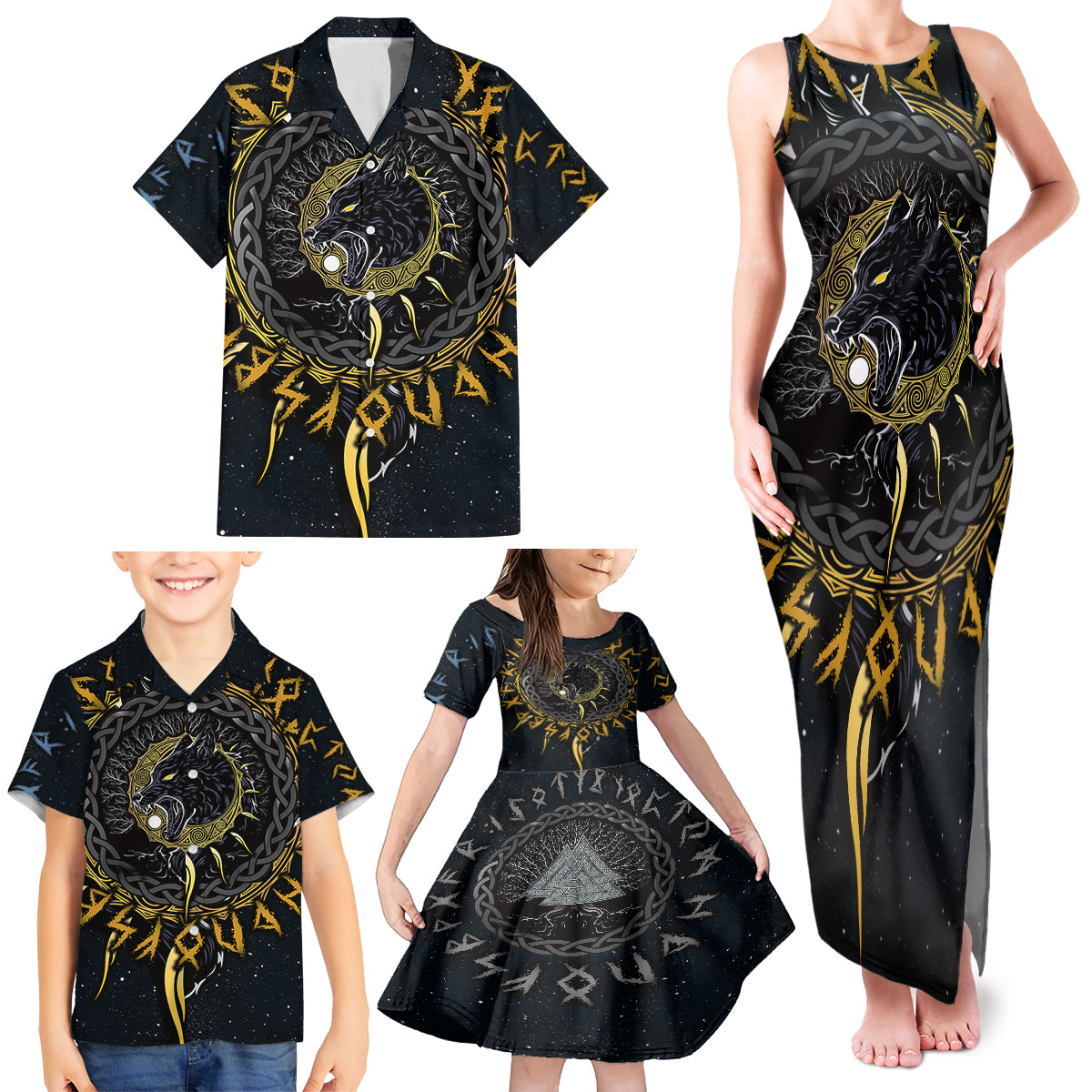 Skoll and Hati Viking Wolfs Family Matching Tank Maxi Dress and Hawaiian Shirt - Wonder Print Shop
