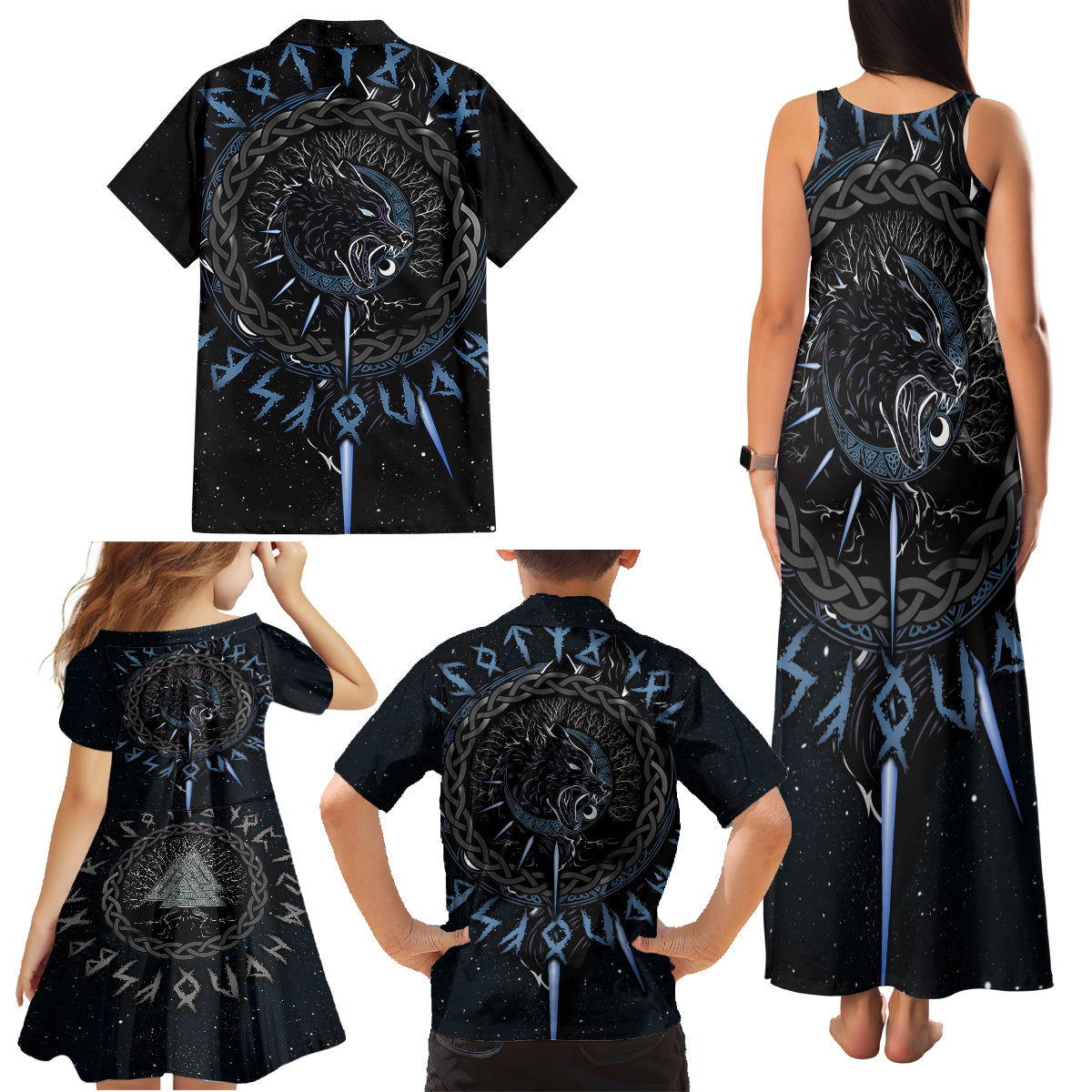 Skoll and Hati Viking Wolfs Family Matching Tank Maxi Dress and Hawaiian Shirt - Wonder Print Shop