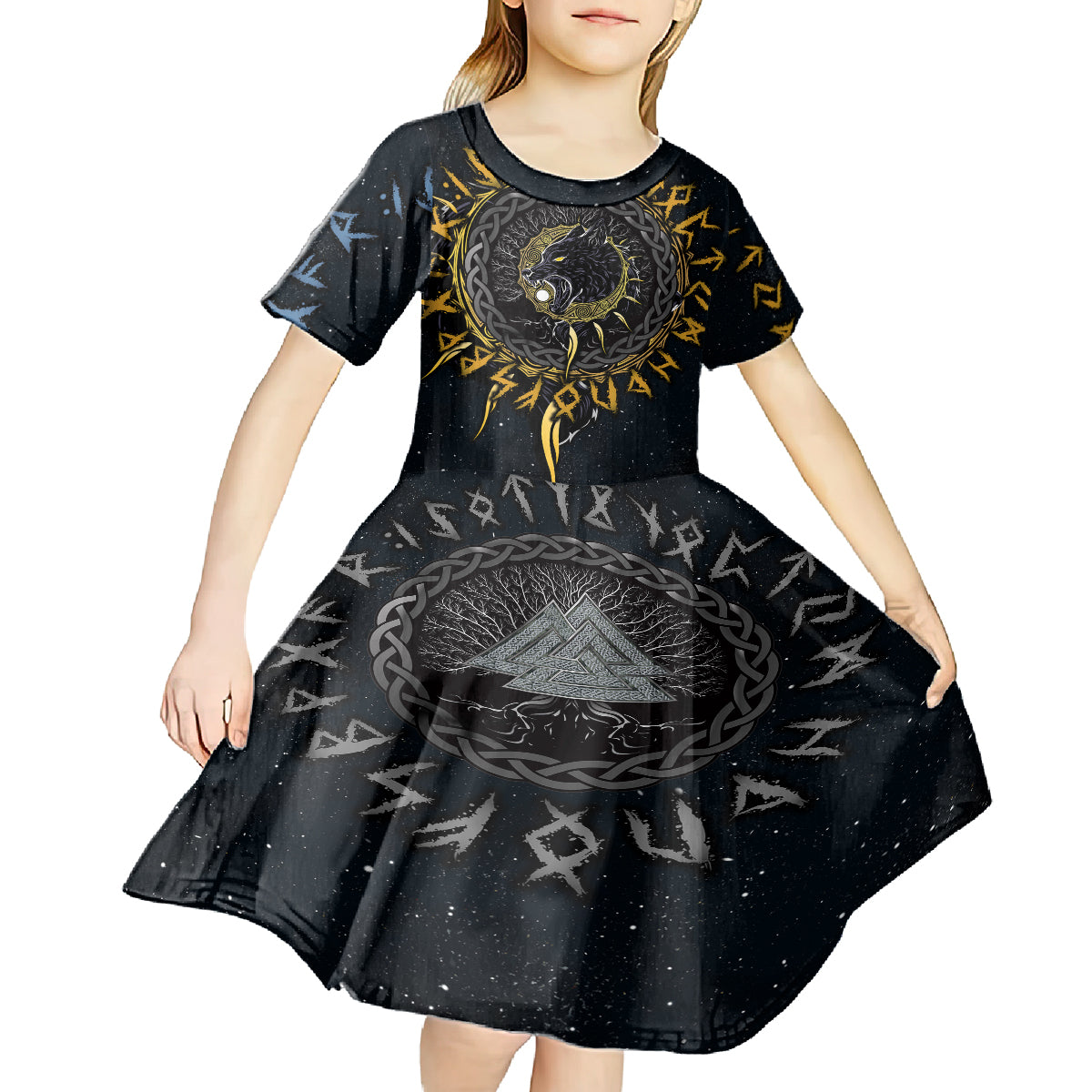 Skoll and Hati Viking Wolfs Kid Short Sleeve Dress - Wonder Print Shop