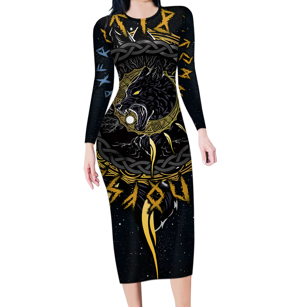 Skoll and Hati Viking Wolfs Long Sleeve Bodycon Dress - Wonder Print Shop