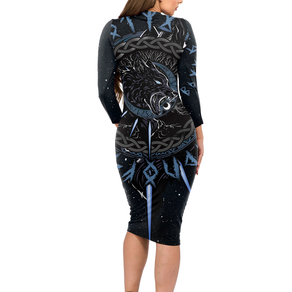 Skoll and Hati Viking Wolfs Long Sleeve Bodycon Dress - Wonder Print Shop