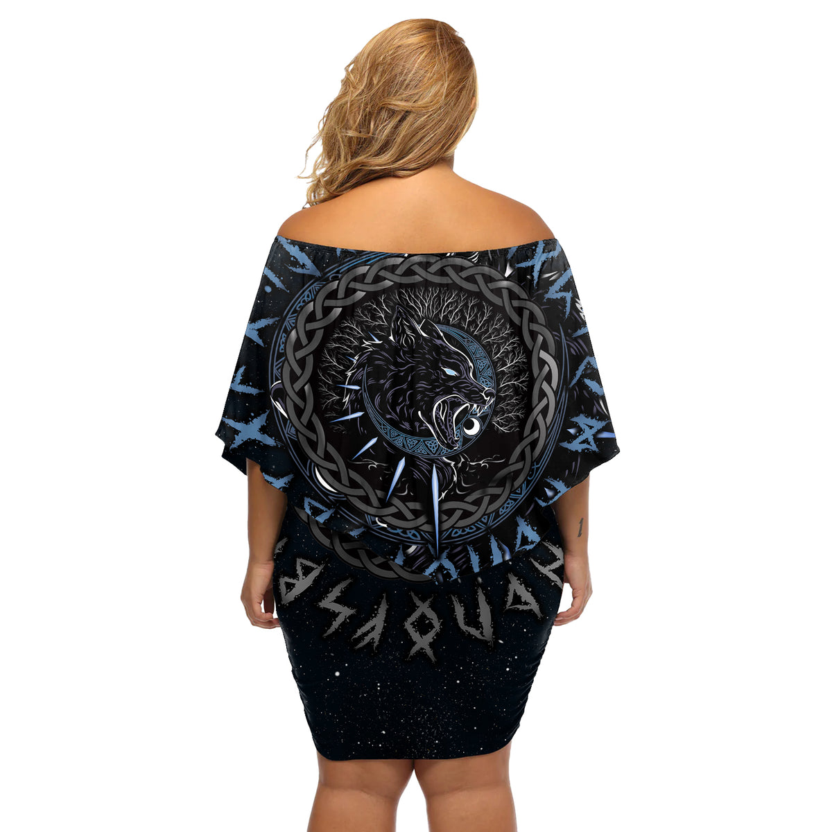 Skoll and Hati Viking Wolfs Off Shoulder Short Dress - Wonder Print Shop