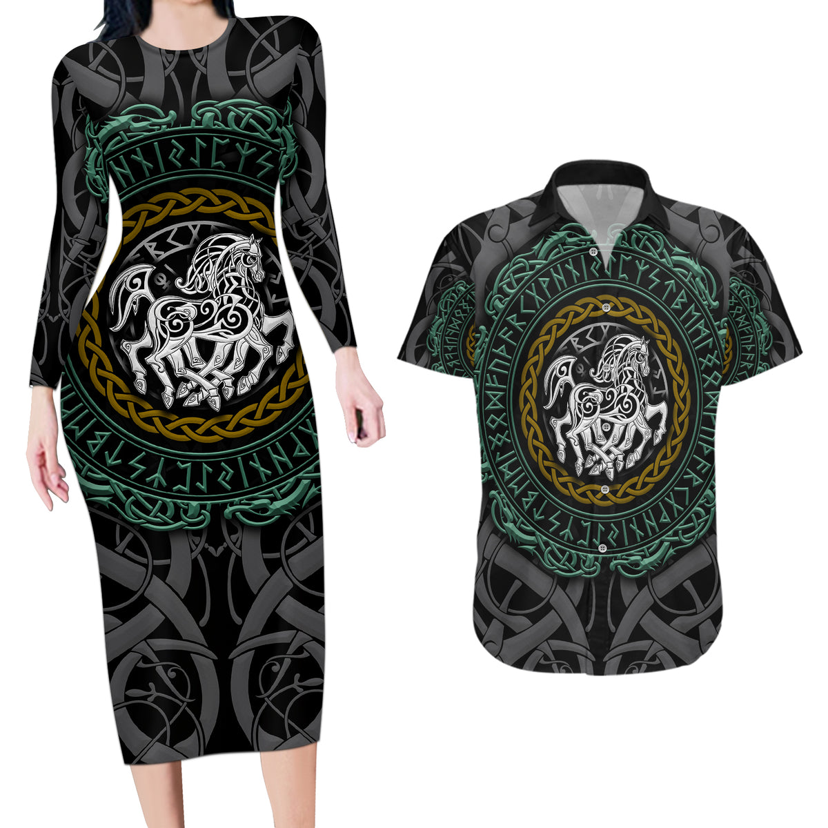 Viking Couples Matching Long Sleeve Bodycon Dress and Hawaiian Shirt Sleipnir symbol and viking pattern art - Wonder Print Shop