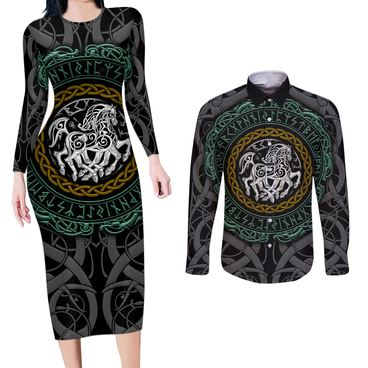 Viking Couples Matching Long Sleeve Bodycon Dress and Long Sleeve Button Shirts Sleipnir symbol and viking pattern art - Wonder Print Shop