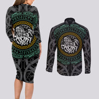 Viking Couples Matching Long Sleeve Bodycon Dress and Long Sleeve Button Shirts Sleipnir symbol and viking pattern art - Wonder Print Shop