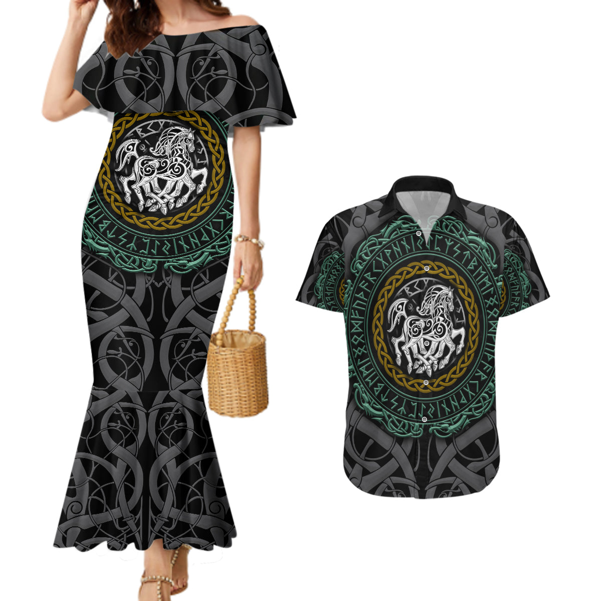 Viking Couples Matching Mermaid Dress and Hawaiian Shirt Sleipnir symbol and viking pattern art - Wonder Print Shop