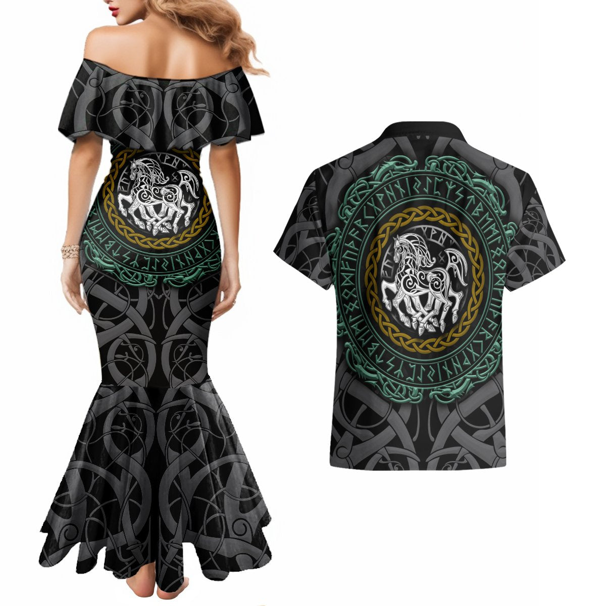 Viking Couples Matching Mermaid Dress and Hawaiian Shirt Sleipnir symbol and viking pattern art - Wonder Print Shop