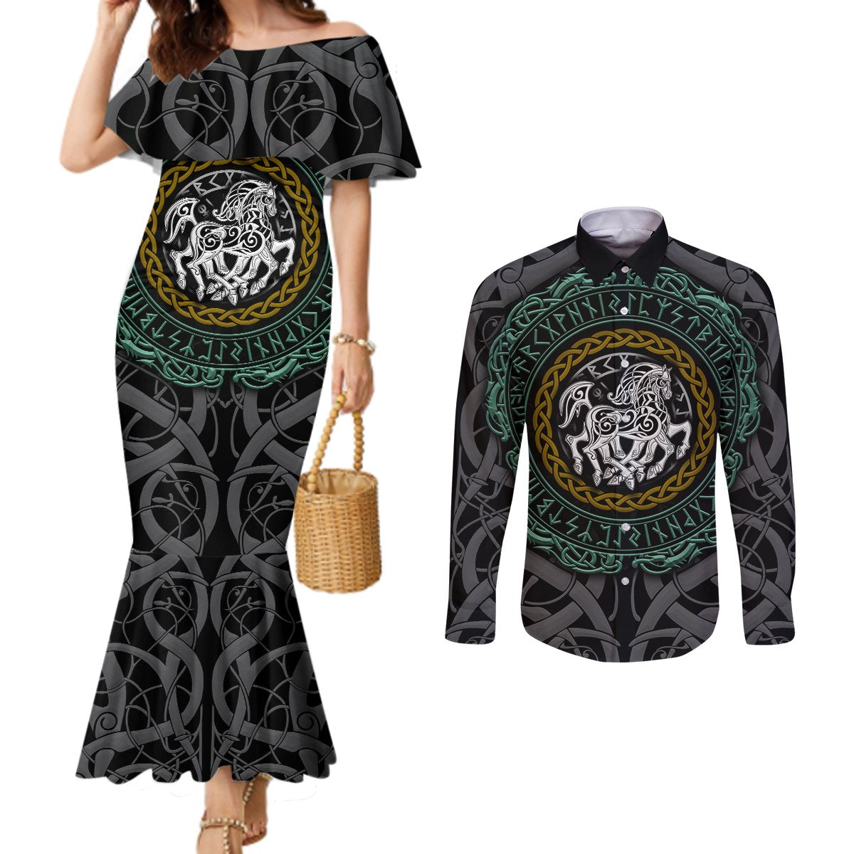 viking-couples-matching-mermaid-dress-and-long-sleeve-button-shirts-sleipnir-symbol-and-viking-pattern-art