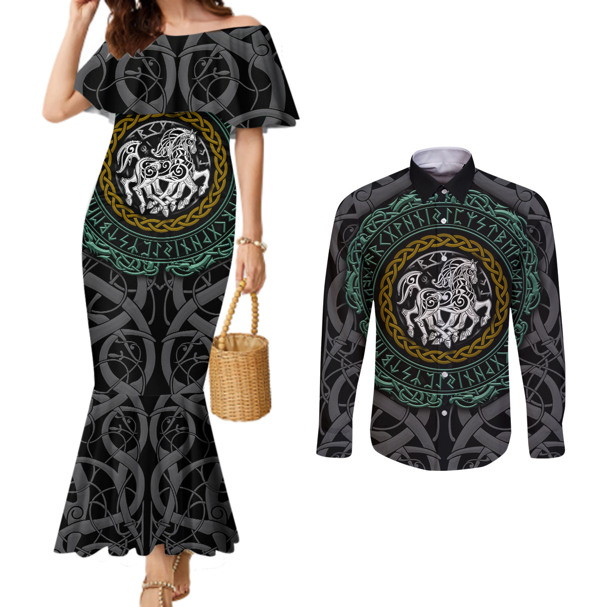 viking-couples-matching-mermaid-dress-and-long-sleeve-button-shirts-sleipnir-symbol-and-viking-pattern-art