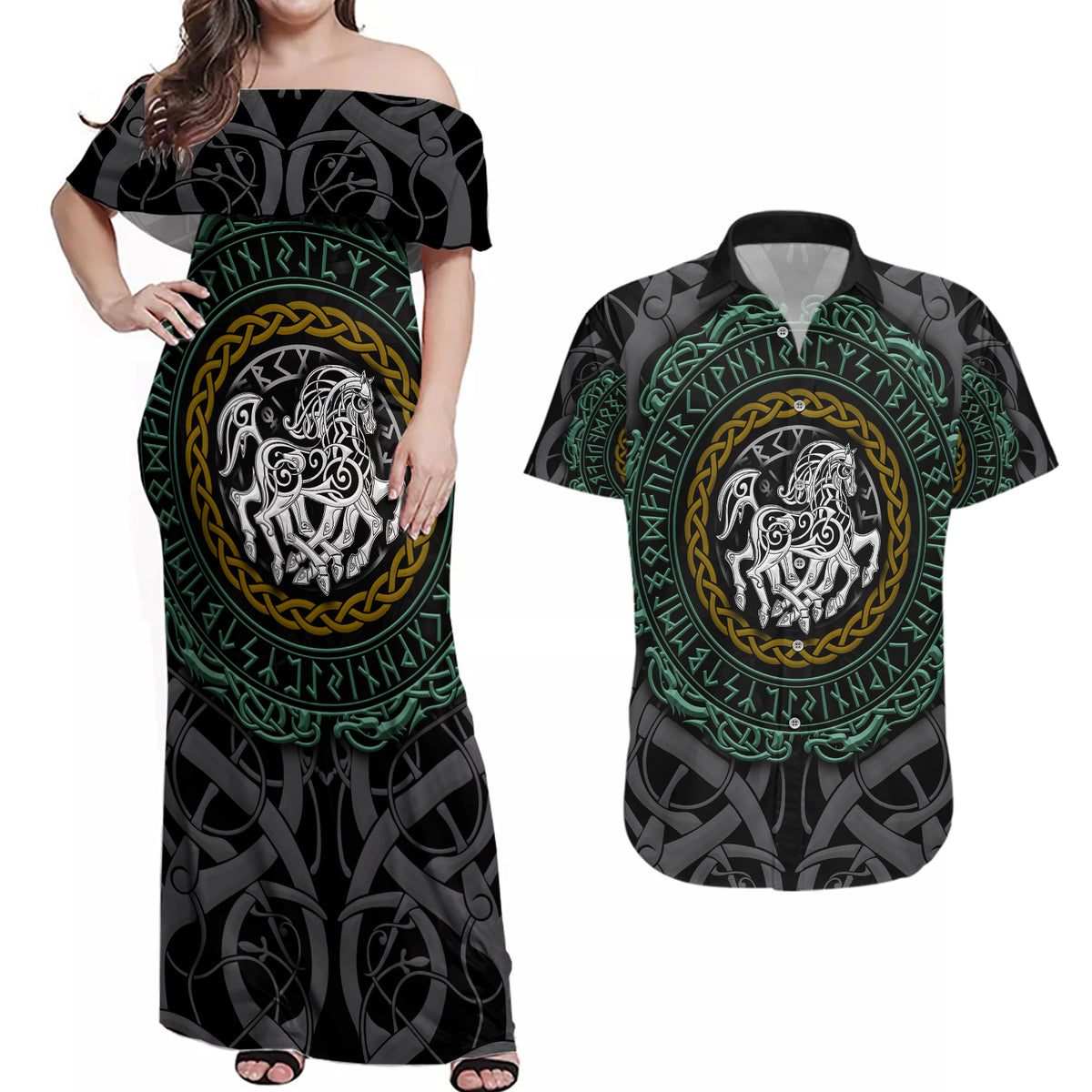 Viking Couples Matching Off Shoulder Maxi Dress and Hawaiian Shirt Sleipnir symbol and viking pattern art - Wonder Print Shop