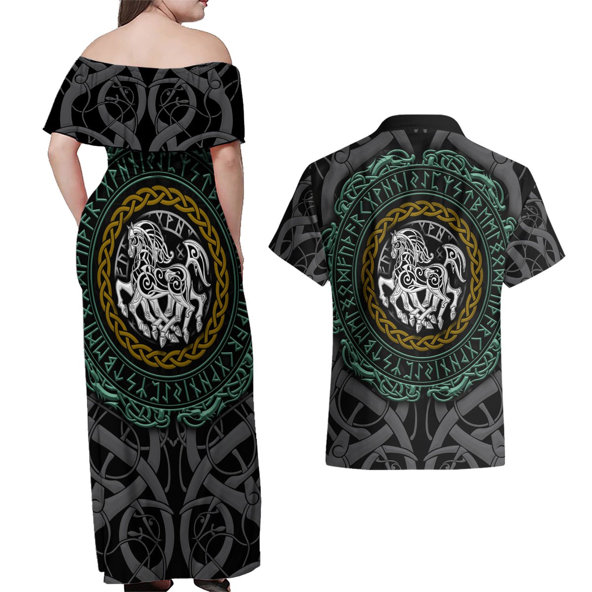 Viking Couples Matching Off Shoulder Maxi Dress and Hawaiian Shirt Sleipnir symbol and viking pattern art - Wonder Print Shop