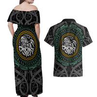 Viking Couples Matching Off Shoulder Maxi Dress and Hawaiian Shirt Sleipnir symbol and viking pattern art - Wonder Print Shop