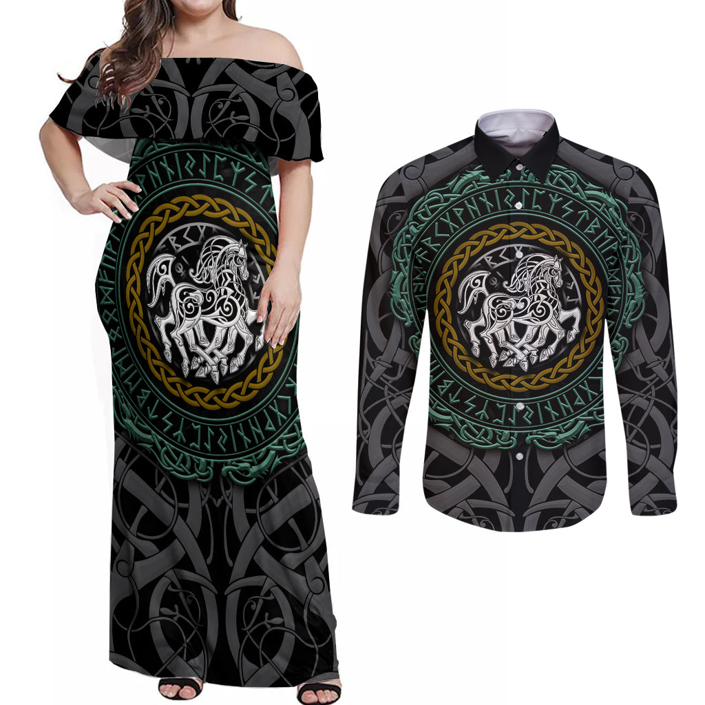 Viking Couples Matching Off Shoulder Maxi Dress and Long Sleeve Button Shirts Sleipnir symbol and viking pattern art - Wonder Print Shop