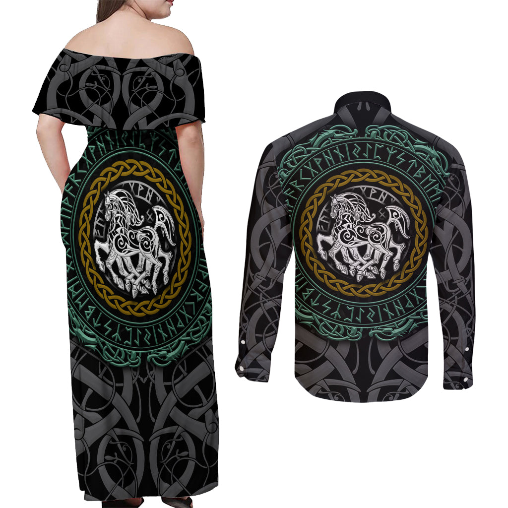 Viking Couples Matching Off Shoulder Maxi Dress and Long Sleeve Button Shirts Sleipnir symbol and viking pattern art - Wonder Print Shop