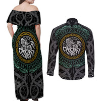 Viking Couples Matching Off Shoulder Maxi Dress and Long Sleeve Button Shirts Sleipnir symbol and viking pattern art - Wonder Print Shop