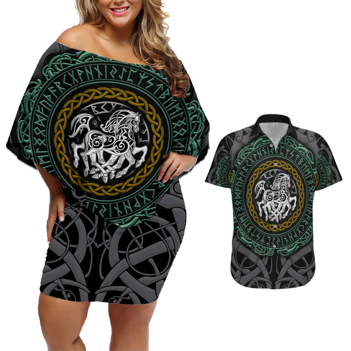 Viking Couples Matching Off Shoulder Short Dress and Hawaiian Shirt Sleipnir symbol and viking pattern art - Wonder Print Shop