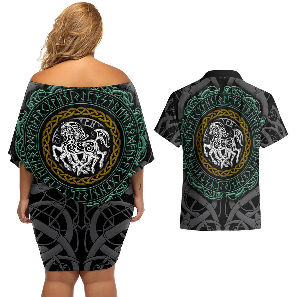 Viking Couples Matching Off Shoulder Short Dress and Hawaiian Shirt Sleipnir symbol and viking pattern art - Wonder Print Shop