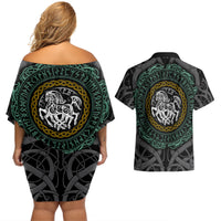 Viking Couples Matching Off Shoulder Short Dress and Hawaiian Shirt Sleipnir symbol and viking pattern art - Wonder Print Shop