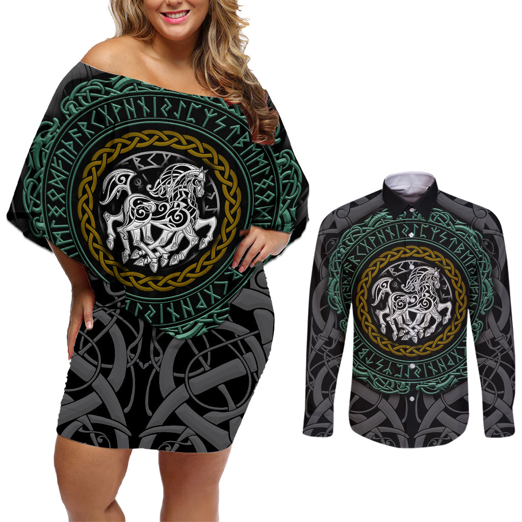 Viking Couples Matching Off Shoulder Short Dress and Long Sleeve Button Shirts Sleipnir symbol and viking pattern art - Wonder Print Shop
