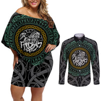 Viking Couples Matching Off Shoulder Short Dress and Long Sleeve Button Shirts Sleipnir symbol and viking pattern art - Wonder Print Shop