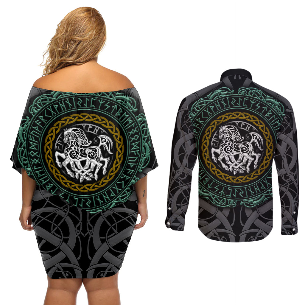 Viking Couples Matching Off Shoulder Short Dress and Long Sleeve Button Shirts Sleipnir symbol and viking pattern art - Wonder Print Shop