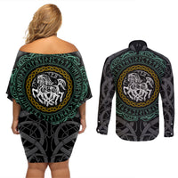 Viking Couples Matching Off Shoulder Short Dress and Long Sleeve Button Shirts Sleipnir symbol and viking pattern art - Wonder Print Shop
