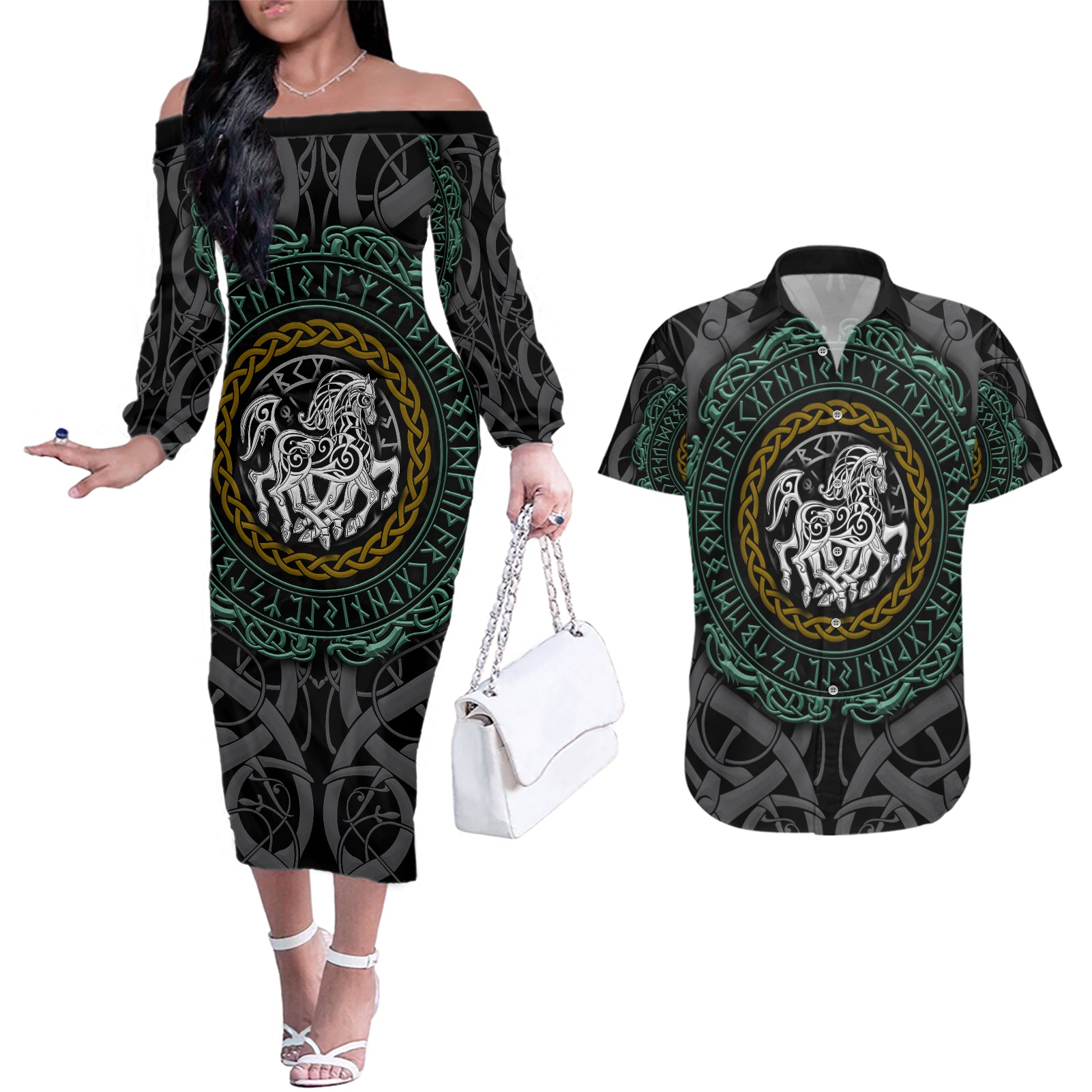 Viking Couples Matching Off The Shoulder Long Sleeve Dress and Hawaiian Shirt Sleipnir symbol and viking pattern art - Wonder Print Shop