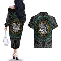Viking Couples Matching Off The Shoulder Long Sleeve Dress and Hawaiian Shirt Sleipnir symbol and viking pattern art - Wonder Print Shop