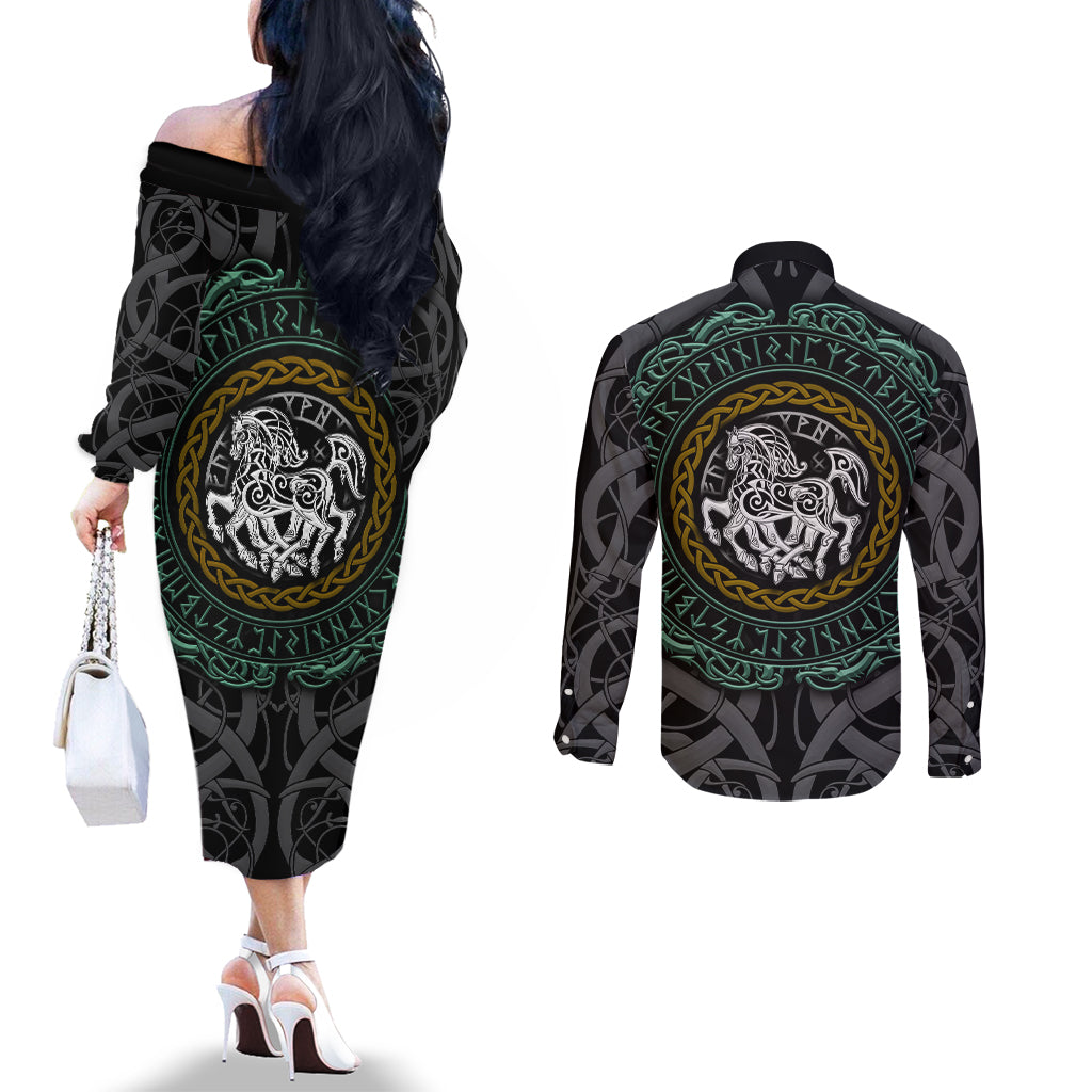 viking-couples-matching-off-the-shoulder-long-sleeve-dress-and-long-sleeve-button-shirts-sleipnir-symbol-and-viking-pattern-art