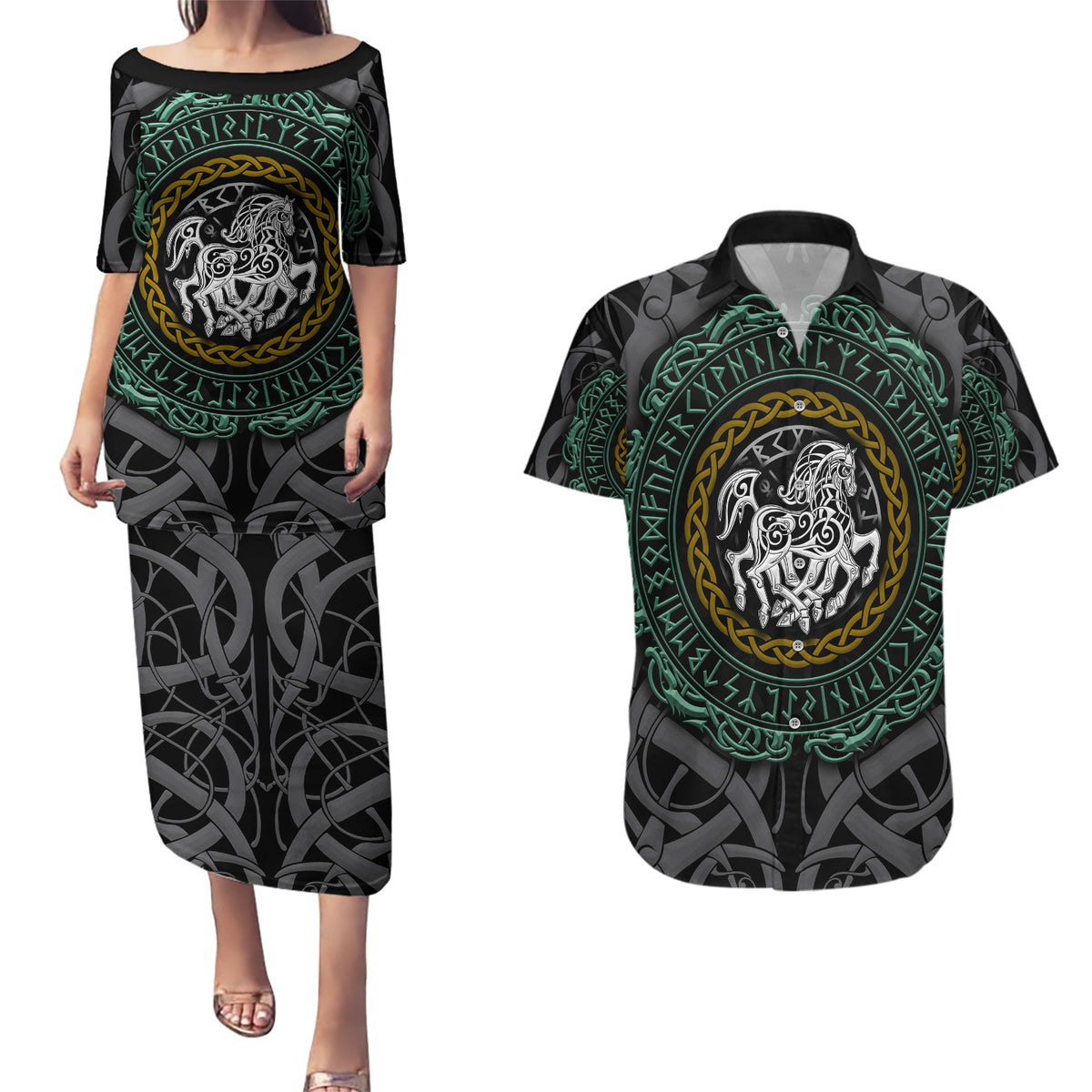 Viking Couples Matching Puletasi Dress and Hawaiian Shirt Sleipnir symbol and viking pattern art - Wonder Print Shop